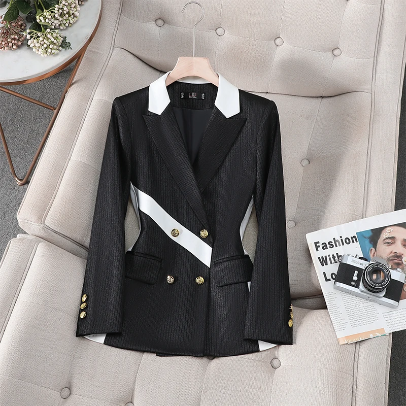 ZJYT Vrouwen Pak Blazer Elegante Jas 2025, Herfst Mode Koreaanse Stijl Double Breasted Jas Kleurblok Dames Tops Outerwears