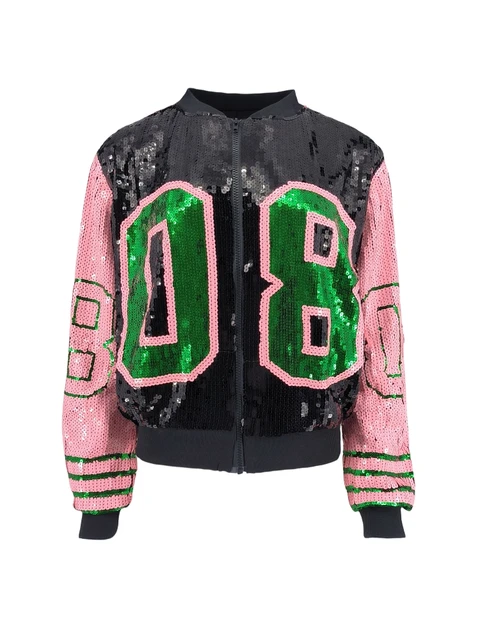 Women Casual Silver Pink Green 08 Number Sequin Jacket Long Sleeve Zipper Club Party Coat Outwear Loose Sequined Bomber Jacket Jackets AliExpress