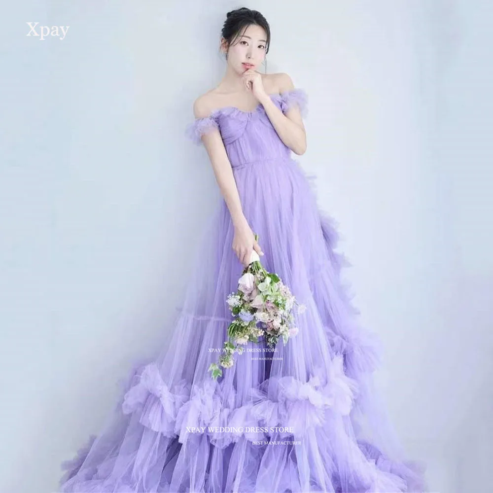 

XPAY Фиолетовые корейские вечерние платья трапециевидной формы с открытыми плечами, многослойные вечерние платья для фотосессии, милое платье для выпускного вечера с корсетом