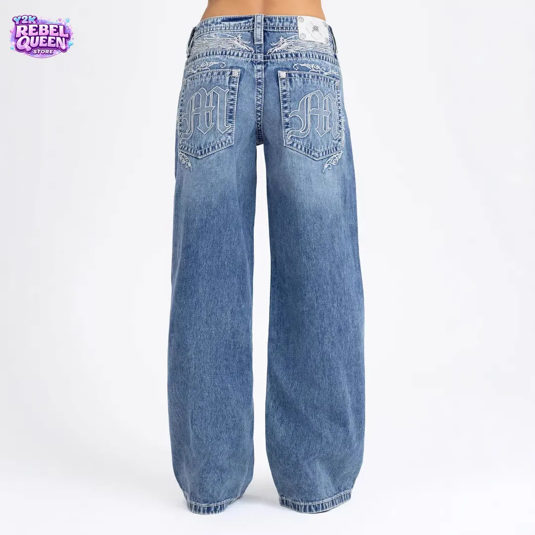 

Vintage Western Embroidered Low Rise Baggy Jeans Women Washed Blue Denim Wide Leg Pants Y2K Streetwear Harajuku Outfit Retro New