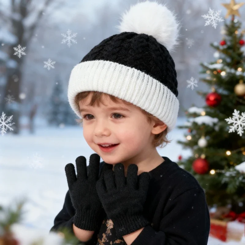 Новый рождественский детский комплект из двух предметов с вязаной шапкой и перчатками для осеннего и зимнего праздничного сезона