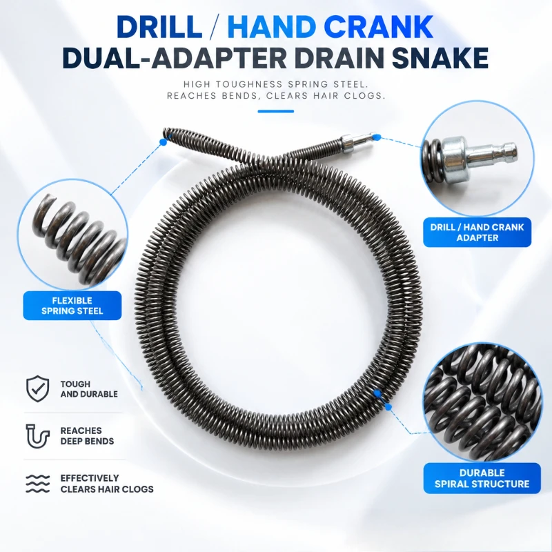 12mm Thick Drain Auger Spring, Hand Crank or Drill Driven, Drain Snake for Kitchen Bathroom Sewer Pipe Clog Removal