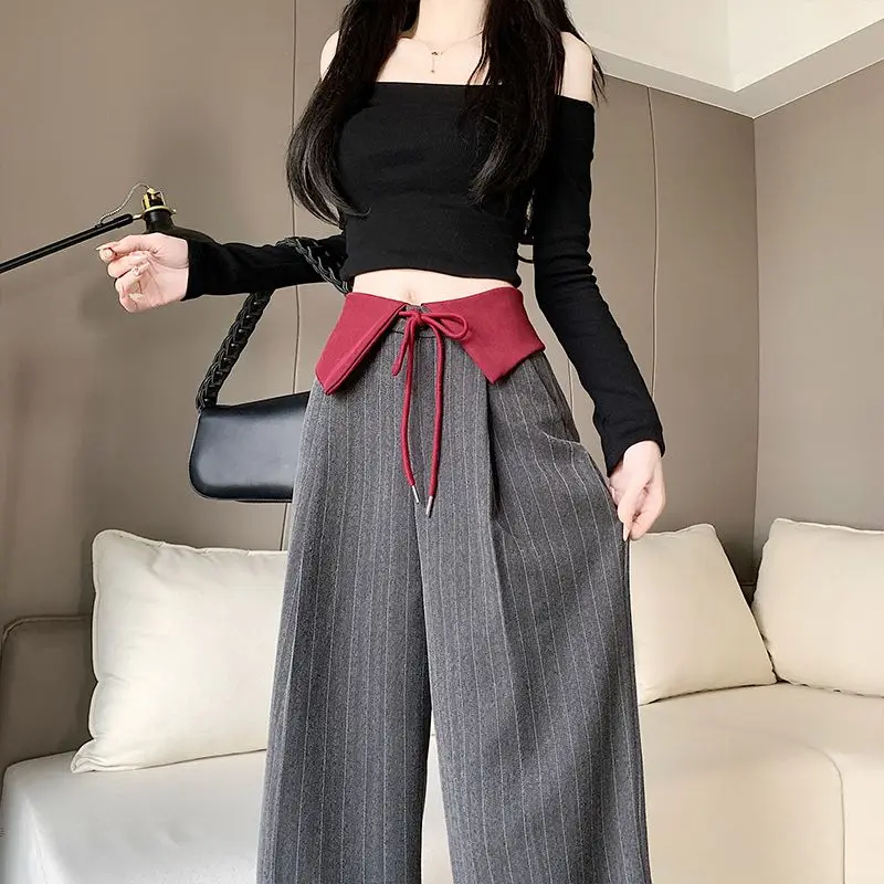 Spring Fall Women High Waisted Patchwork Striped Wide Leg Grey Pants , Woman Fashion Elegant Designer Trousers