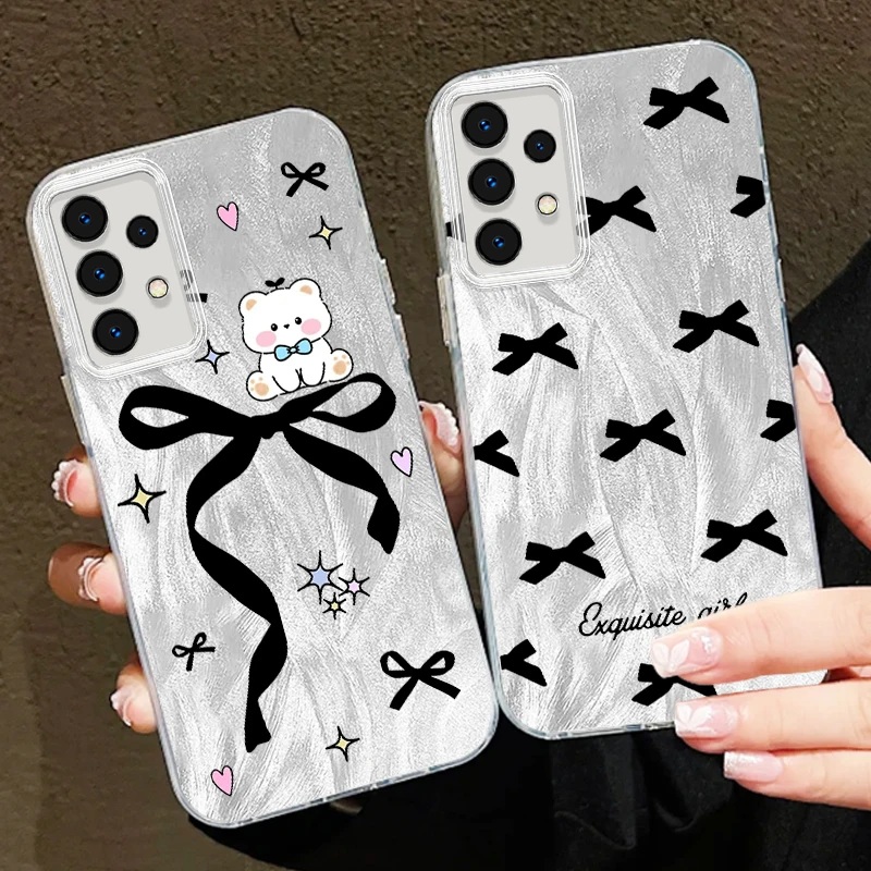 

Black Bow Bear Art For Samsung A73 A72 A71 A55 A54 A53 A52 A51 A35 A34 A32 A13 A12 A05 A04 5G Feather Yarn Cover Phone Case