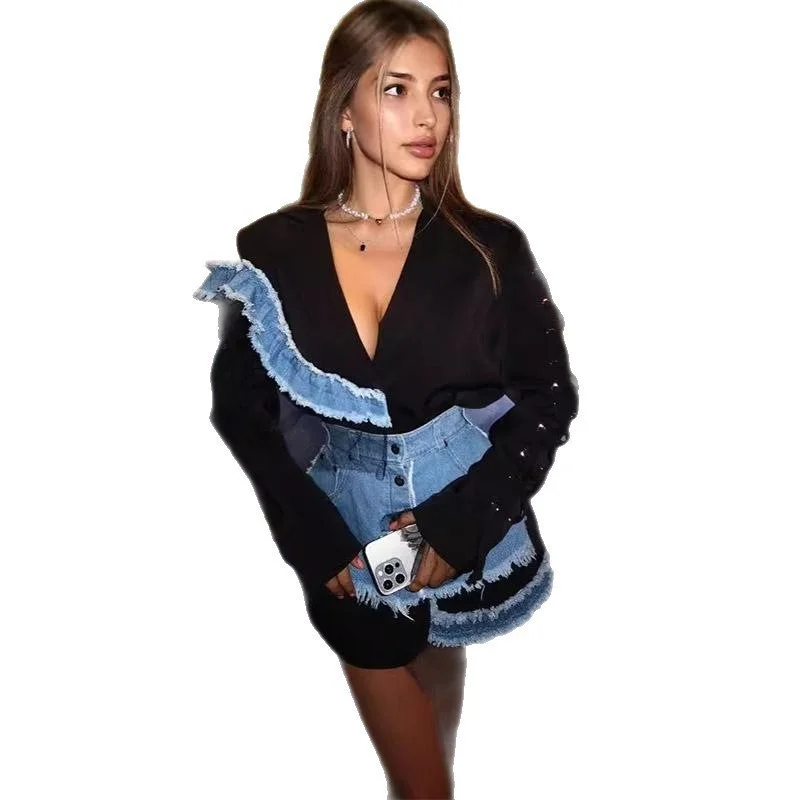 

Повседневная женская куртка с завышенной талией, длинными рукавами, джинсовыми вставками и дизайном в стиле пэчворк, из полиэстера, для повседневной носки, стандартный крой