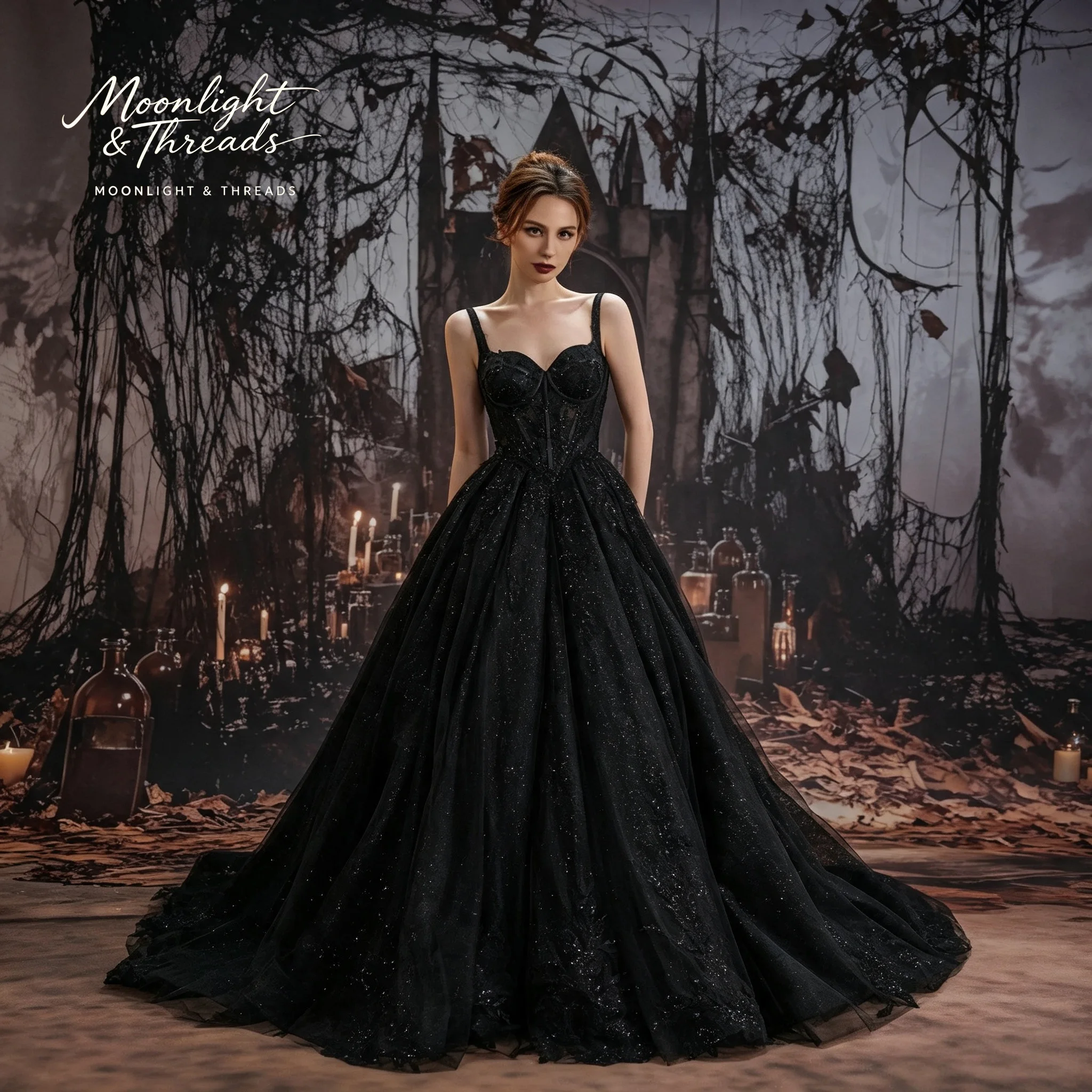 Black Gothic Wedding Dress Lace Crystal Decoration Backless Long Train Engagement Toast Dress Customised
