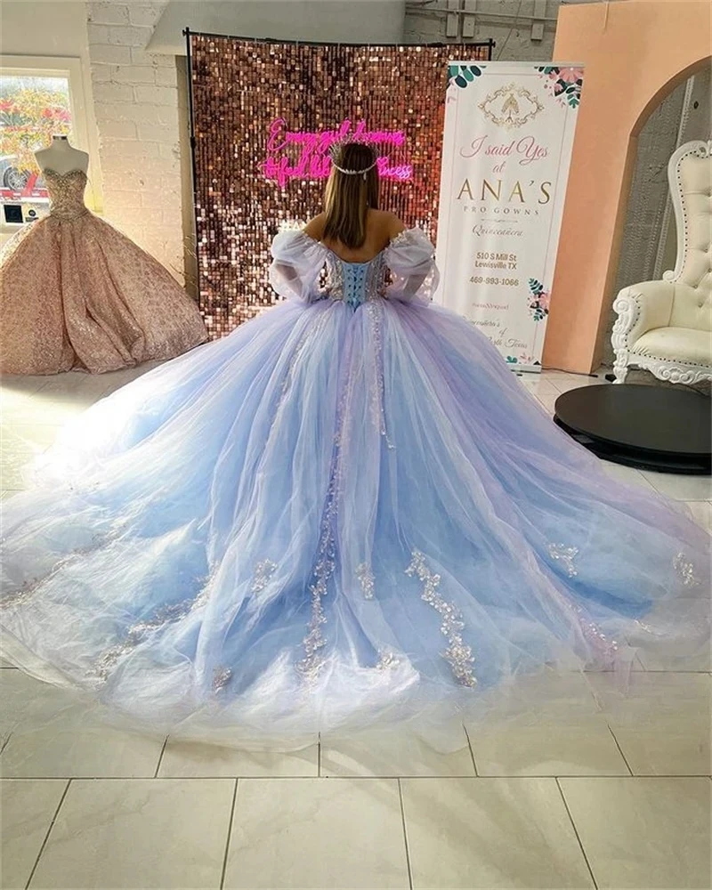 Abiti Quinceanera blu cielo abito da ballo maniche lunghe Appliques in Tulle dolce 16 abiti 15 asenos messicano