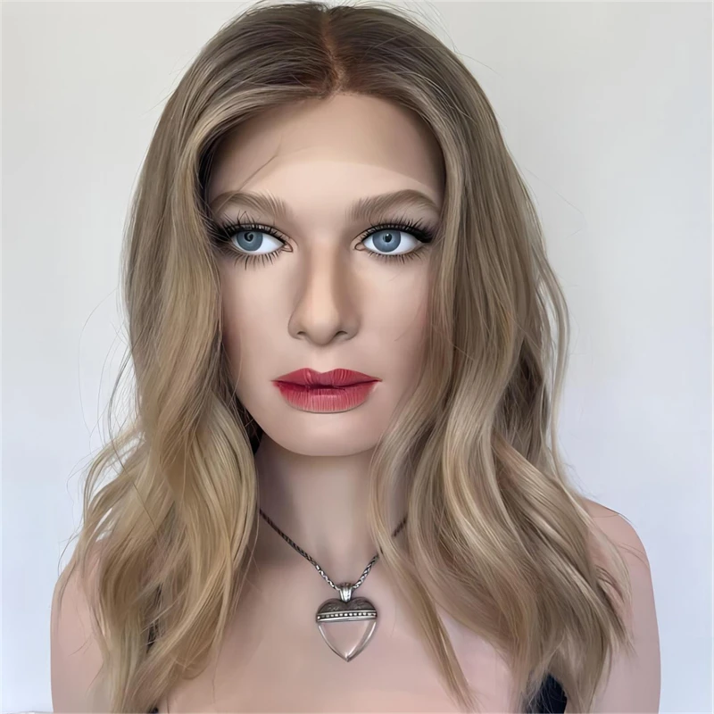 

Short Wave Bob 13x4 Free Part Wig Ombre Ash Blonde Brown HD Lace Front Synthetic Wig 14 Inches Preplucked Hairline Party Daily