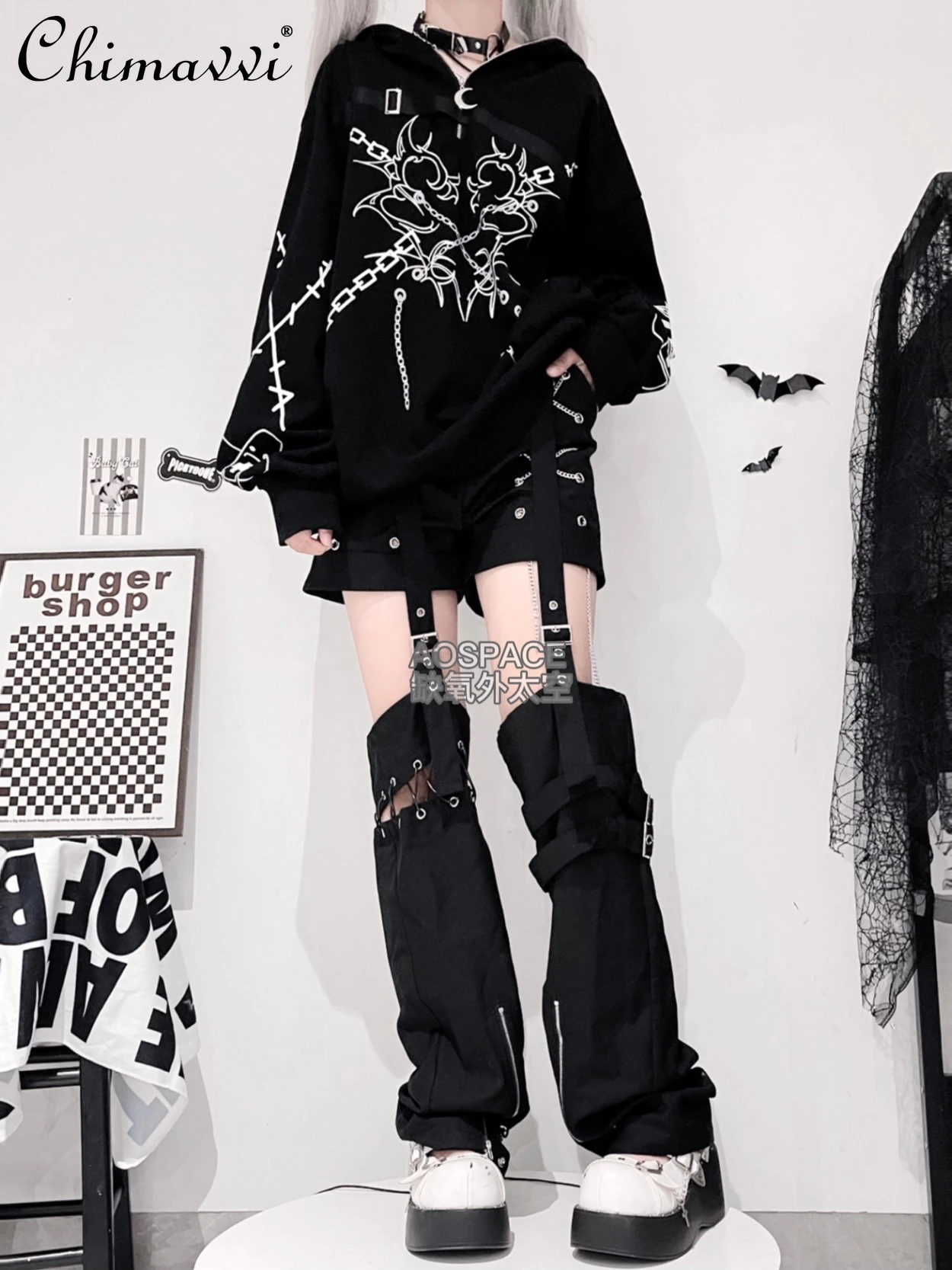 

Japanese Subculture Black and White Printing Zipper Long-sleeved Hooded Sweatshirt Autumn New Punk Dark Girl Loose Goth Hoodies