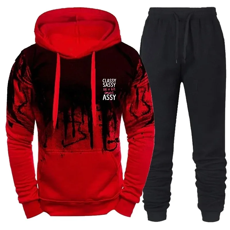 Felpa con cappuccio da uomo Nero Grigio stampato di classe Sassy Assy Text Design Felpa Set di tute per abbigliamento sportivo casual