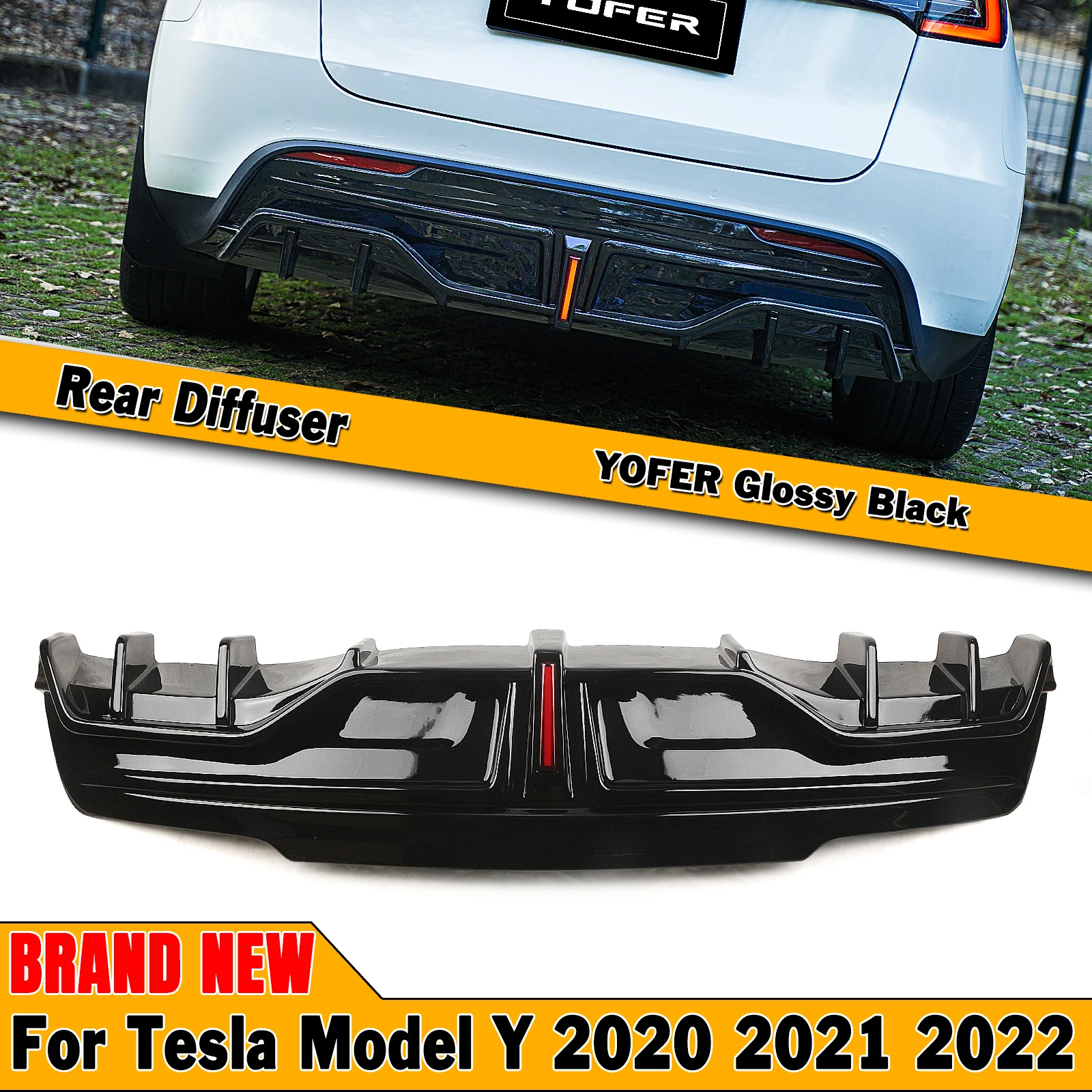 YOFER Exterior Rear Bumper Diffuser Lip Boot Spoiler Plate Splitter With Light For Tesla Model Y 2020-2024