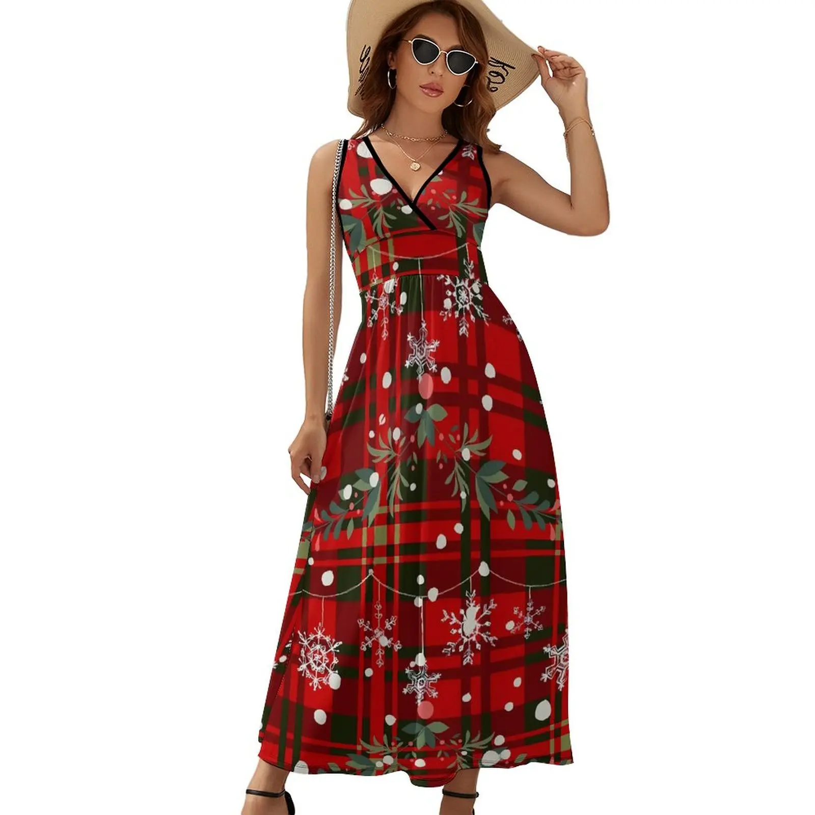 

Christmas Snowflake Dress Red Plaid Print Elegant Maxi Dress V Neck Graphic Boho Beach Long Dresses Aesthetic Oversized Vestido