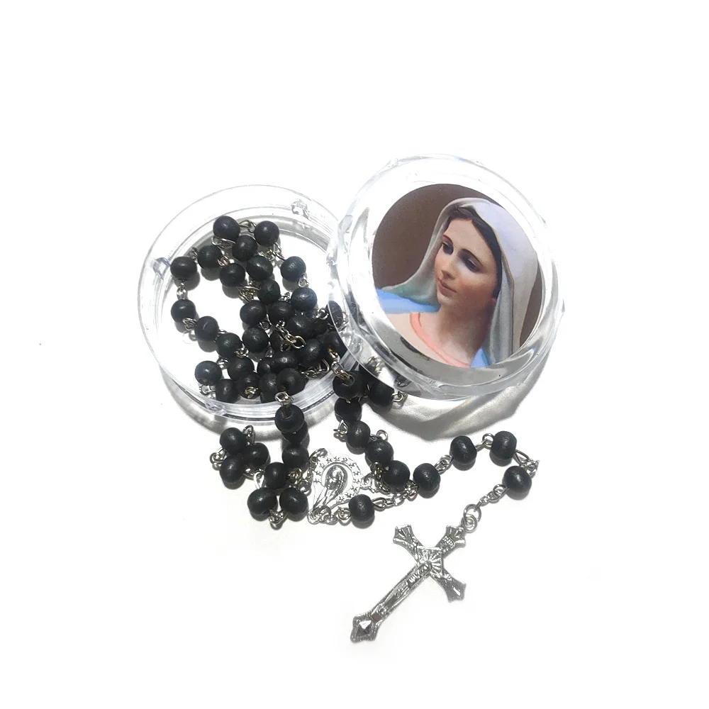 Scented Wine Red Wood Bead Crucifix Pendant Rosary Necklace Box Set For Women Men