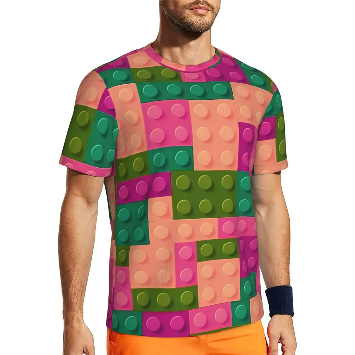 Pink Green Building Blocks Pattern T Shirt Novelty Gym T-Shirts Short Sleeve Quick Dry Tops Summer Vintage Oversize Tees