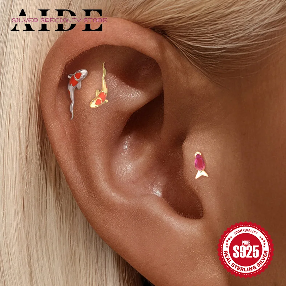 

AIDE Lucky animal koi Simple Piercing Stud Earrings for Women 925 Sterling Silver Dainty Eternity Fine Jewelry