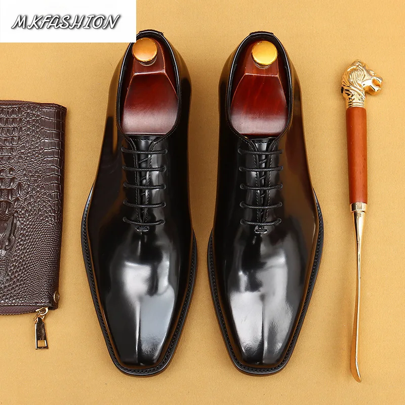 Men's British Glossy Cowhide Leather Oxford Shoes Square Toe Flats Wedding Party Footwear