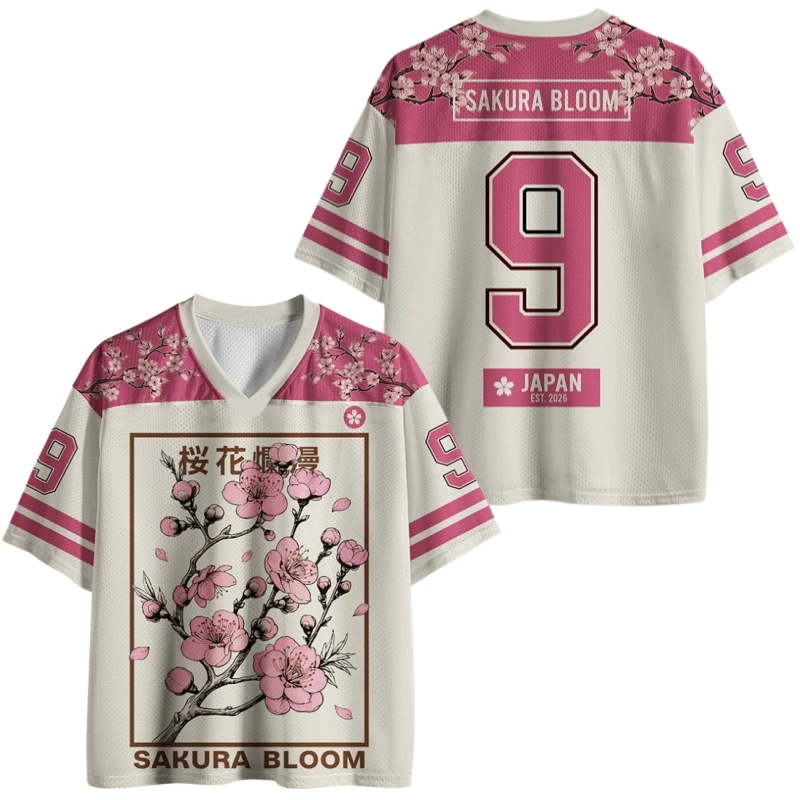 New Unisex 3D Hokkaido Wave Sakura Jersey Retro V-neck Oversized T-shirt Harajuku Japanese Big Wave Cherry Streetwear Sports Tee