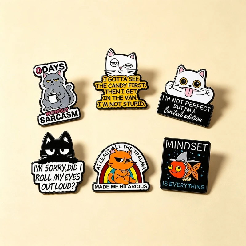 Funny English Slogan Cat Brooch Kawaii Cartoon Animal Badges Fashion Commute Gift Pins DIY Clothing Bags Hat T-shirt Accessory