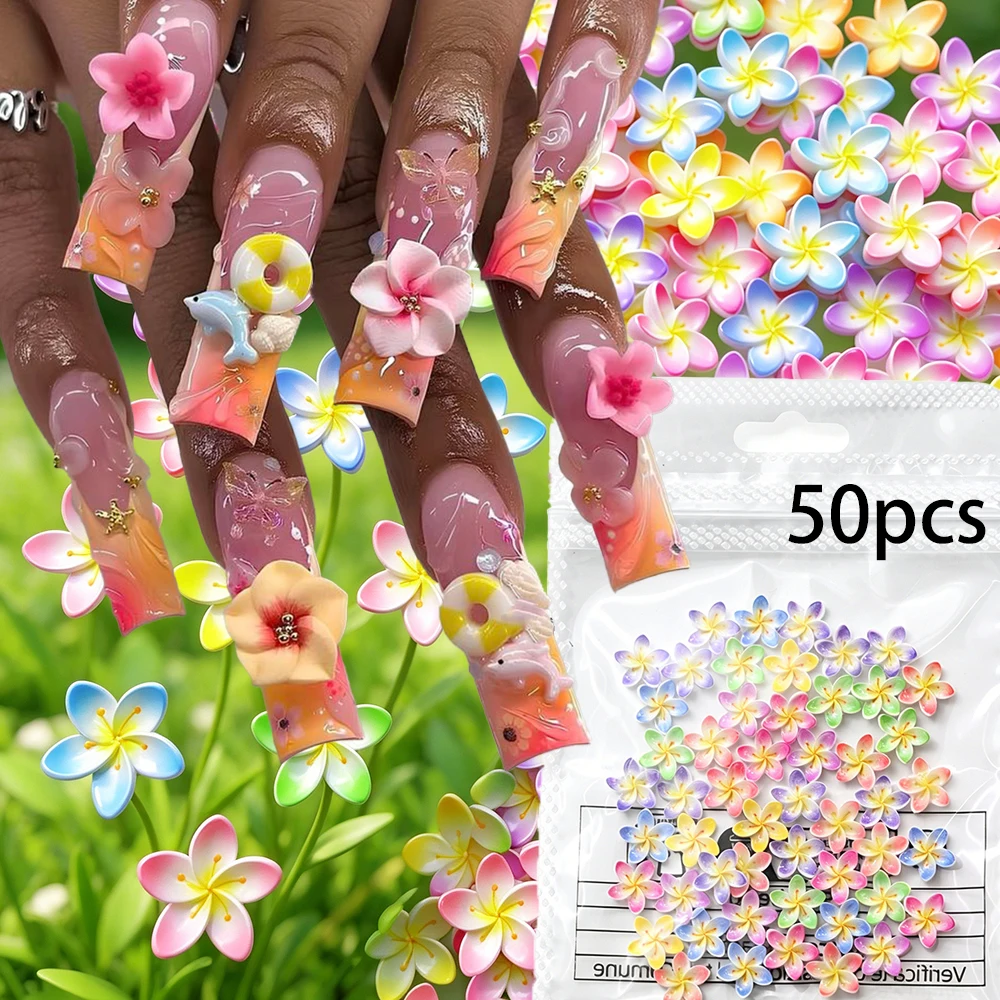 50pcs 3D Vibrant Gradient Five Petal Flowers Nail Charms Multicolor Frangipani Tropical Floral Nail Decorati For Summer Manicure