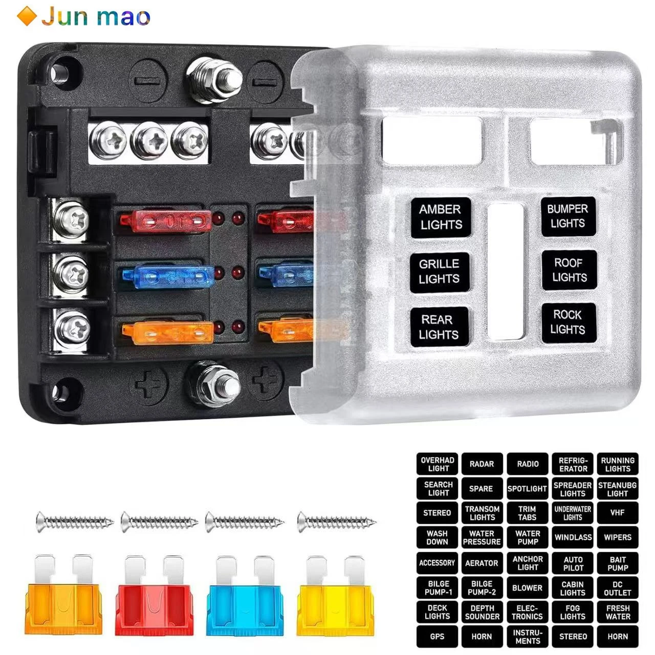 Vehicle and vessel multi-channel fuse box, positive and negative fuse holder, LED light plug-in circuit modification