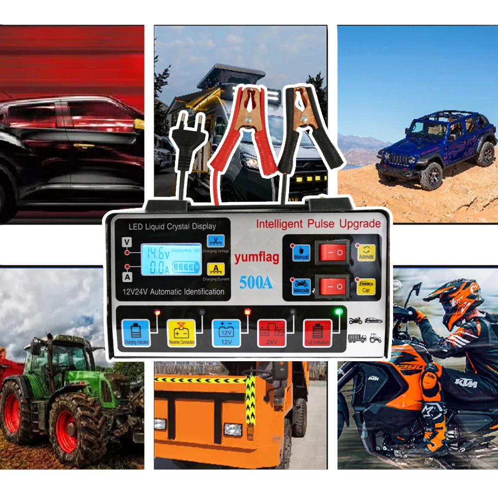 

500A Battery High Power Fast Charger LCD Display Car Battery Charger Car and Motorcycle Battery Charging Unit for Car Motorcycle