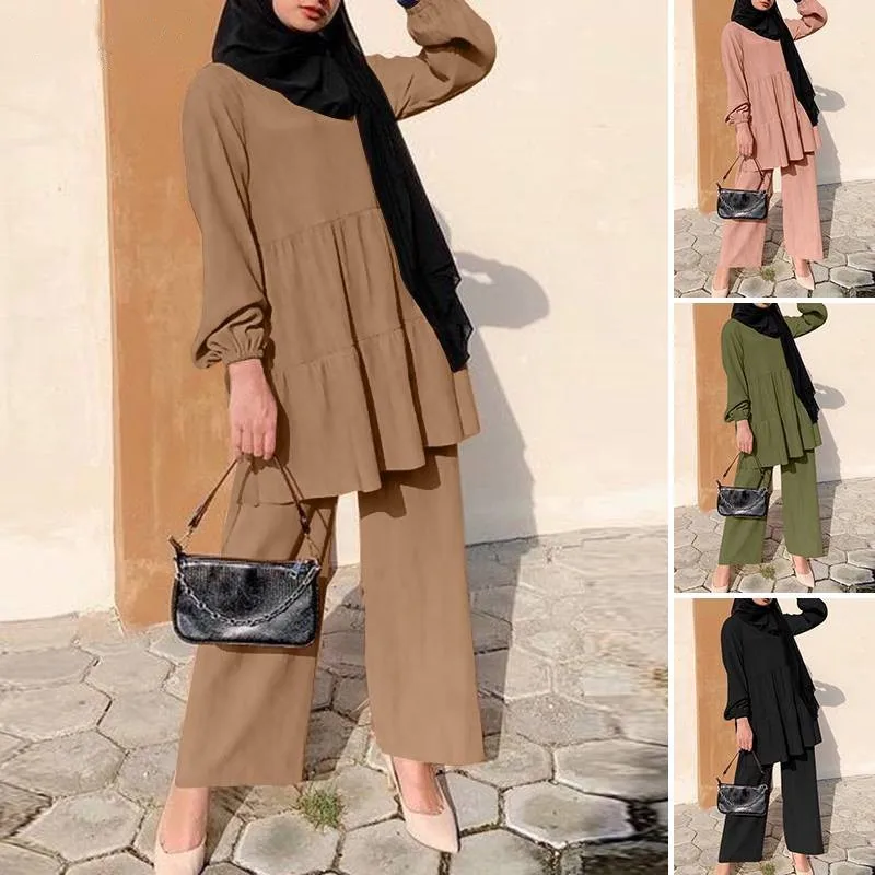 Ensembles Muslim Two Piece Set Women Blouse Wide Leg Pants Suit Ramadan Eid Morocco Dubai Islam Arabic Modest Saudi Outfits