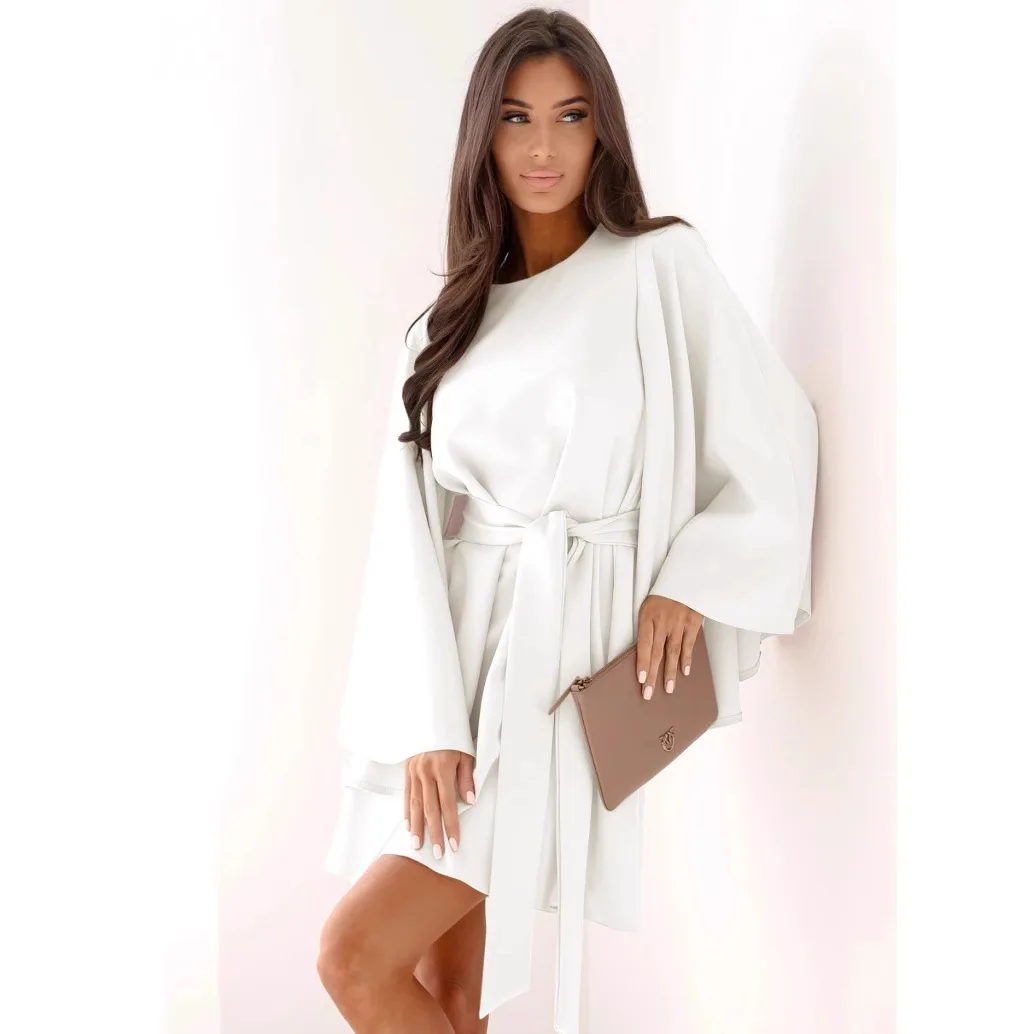 

2025 New Women's Mini Skirt O Neck Belt Elegant White Pullover Loose Pink Date Female's Party Dress