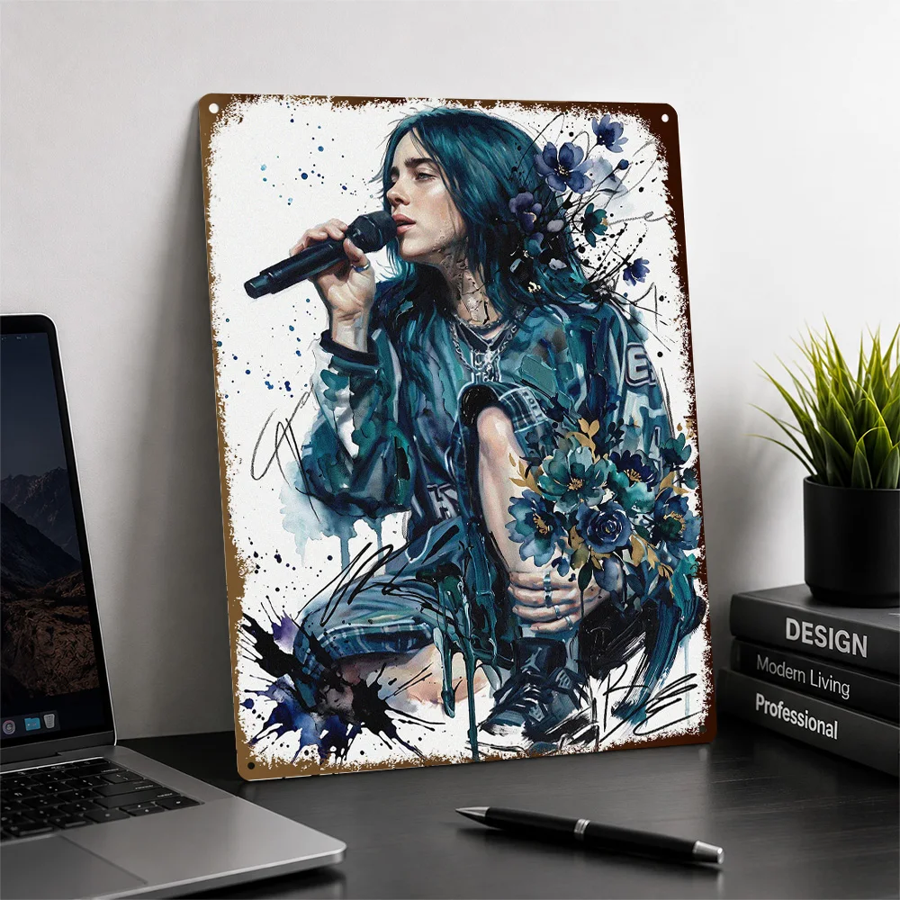 Billie Eilish Watercolor Portrait Printed Poster Personalized Aluminum Metal Sign Chart Topper Style Wall Art Enhances Bedroom