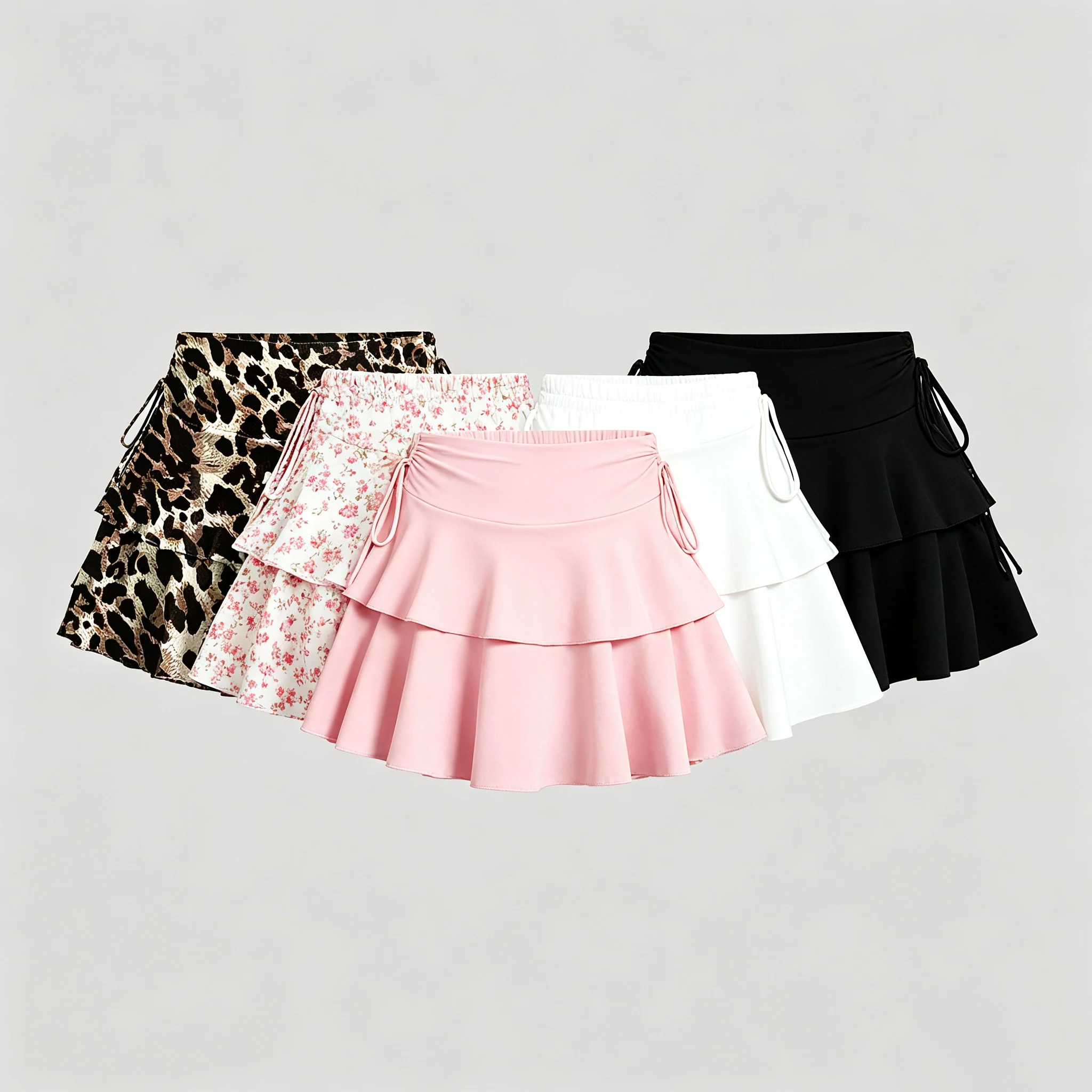Summer Women High Waist Layered Ruffle Mini Skort Side Drawstring Floral Solid Color Beach Short Skirt5pc