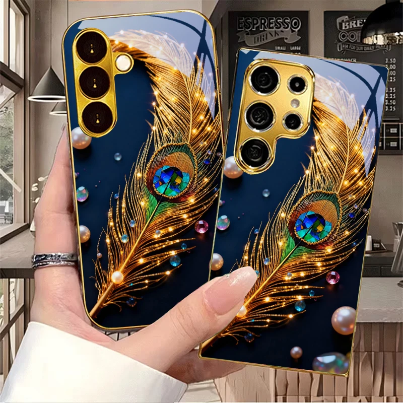 Peacock Feather Pearl Gems Electroplated Golden Phone Case For Samsung S26 Ultra S21 S22 FE S23 Plus S24 S25 20 Note 10 20 Cover
