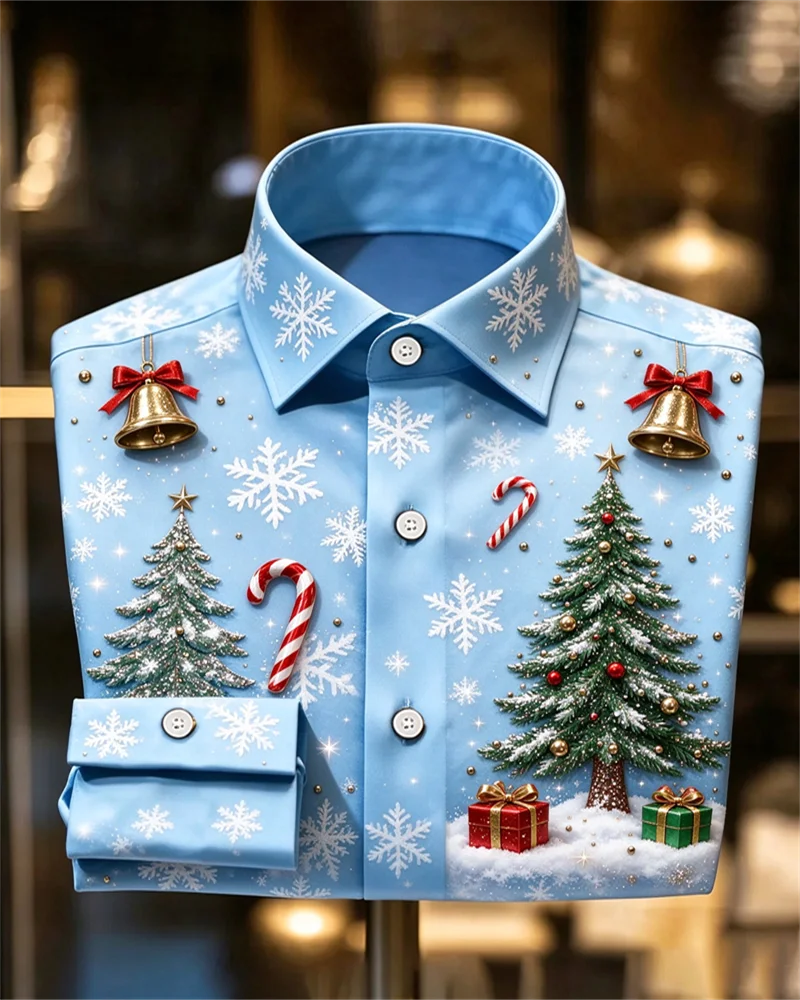 New men's shirt black gray satin flour gold Santa Claus reindeer snowflake plaid print slim fit trendy men's shirt