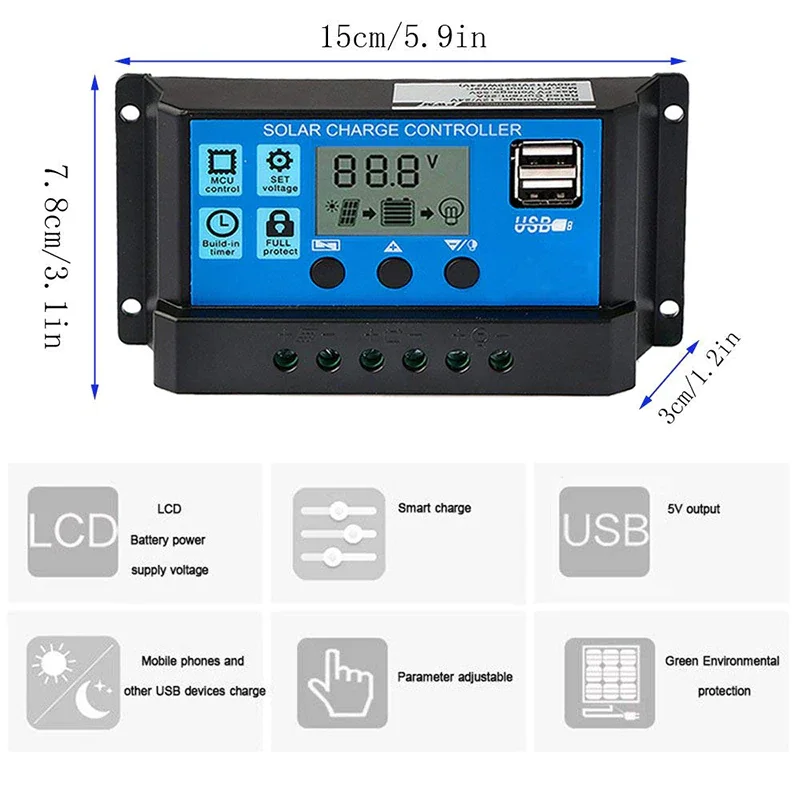 Pwm-ソーラー充電コントローラー10a,30a,12v,24v,自動バッテリー,レギュレーター,デュアルUSB,液晶,ソーラーパネル用,家庭用システム