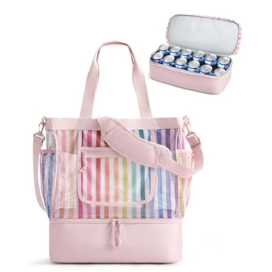 

BAGSMART Beach Bag for Women Mesh Tote Bags with Zipper Sandproof Vacation Essentials with Cooler for Swim Cruise Pool