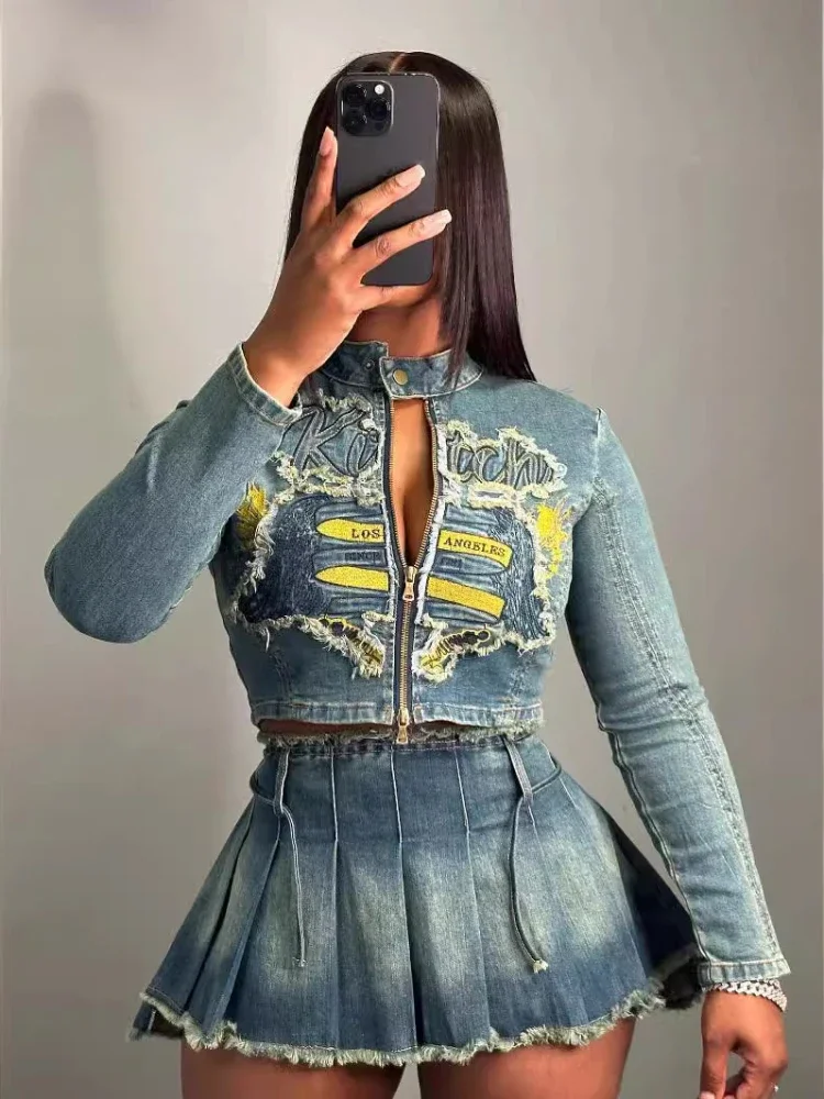 XIZOU Two Piece Denim Skirt Sets Long Sleeve Embroidered Tops and Pleated Mini Skirt Suits Female Streetwear Matching Set 2024