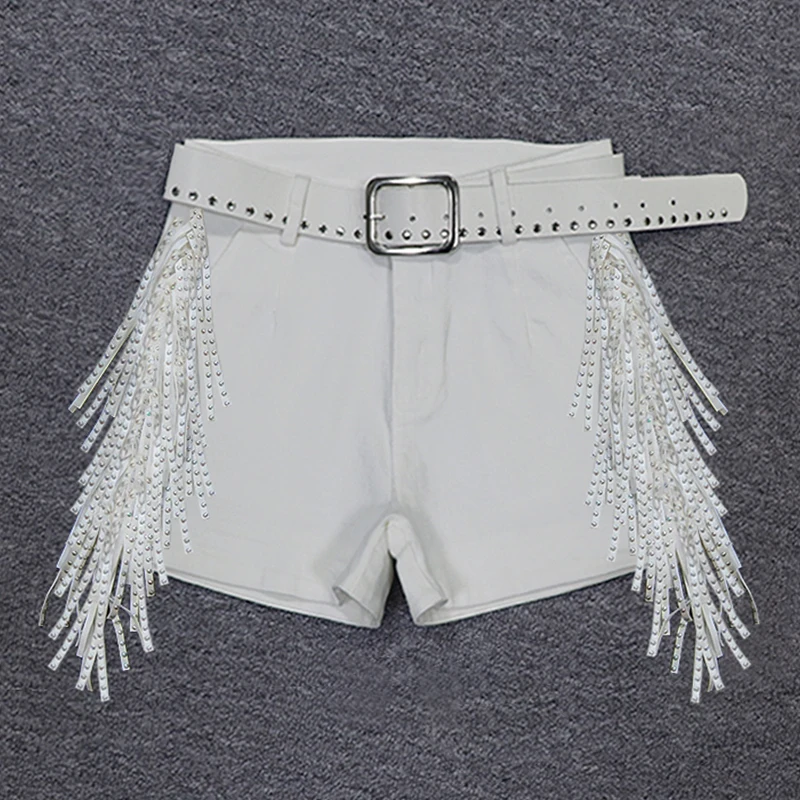 

Короткие брюки с кисточками, женские яркие цвета со стразами, новые корейские модные сексуальные джинсы для танцев со средней талией, популярные шорты, уличная одежда