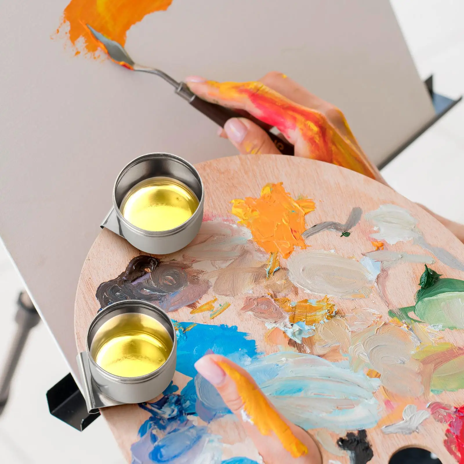 Artists Painting Dipper Stainless Steel Single Palette Cup with Clip for Oil Paint Solvent and Turpentine Use