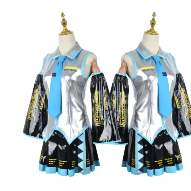 Miku Cosplay Kostuum Zilver Lakleer Kleding Blauwe Pruik Hoofddeksels Jk Matroos Jurk Middelbare School Uniform Halloween Rekwisieten