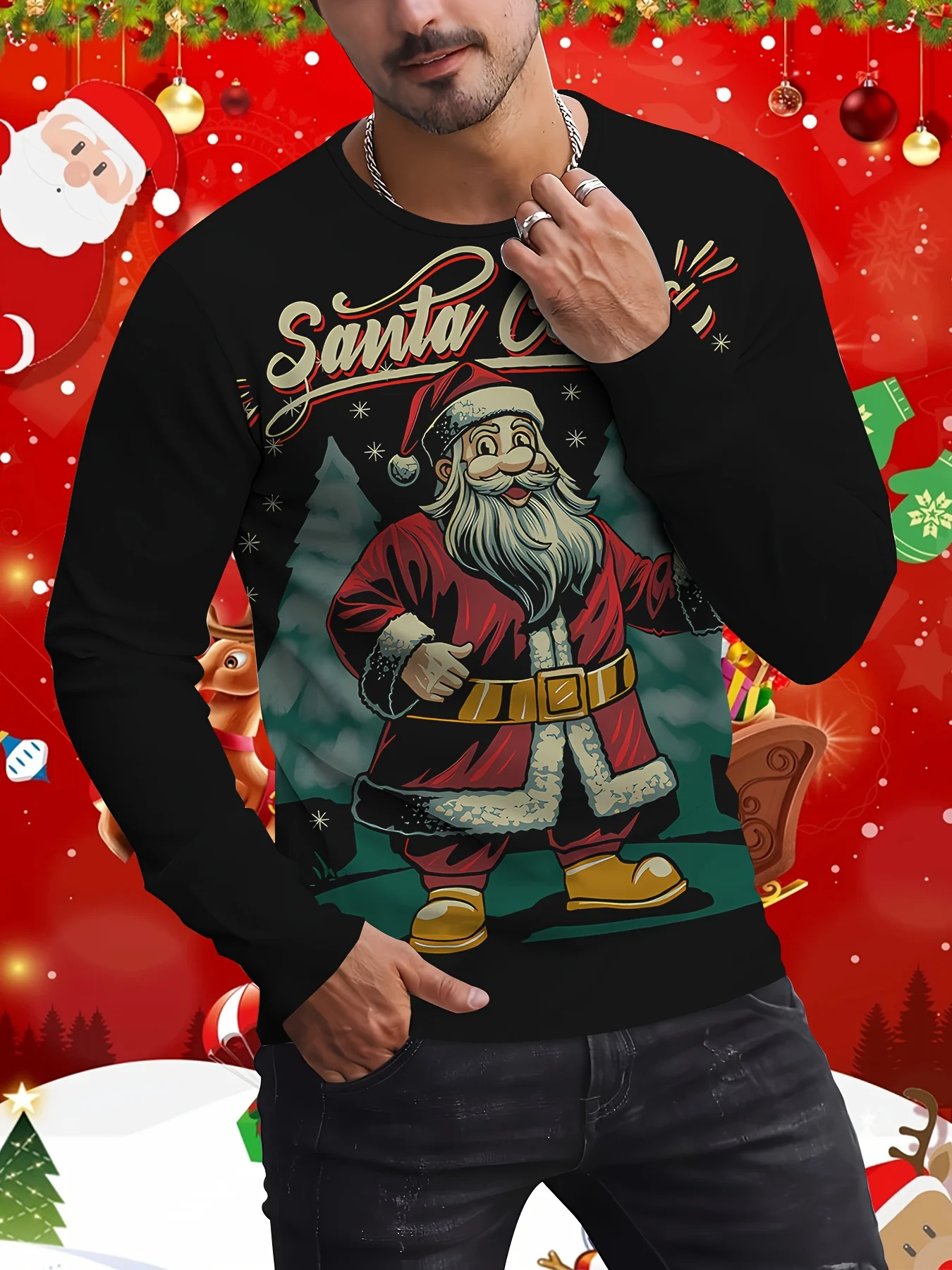 

Santa Claus Print Men's T-shirt Spring Autumn Casual O-neck Loose Long Sleeve Tops Fashion New Year X'mas Clothing Christmas Tee