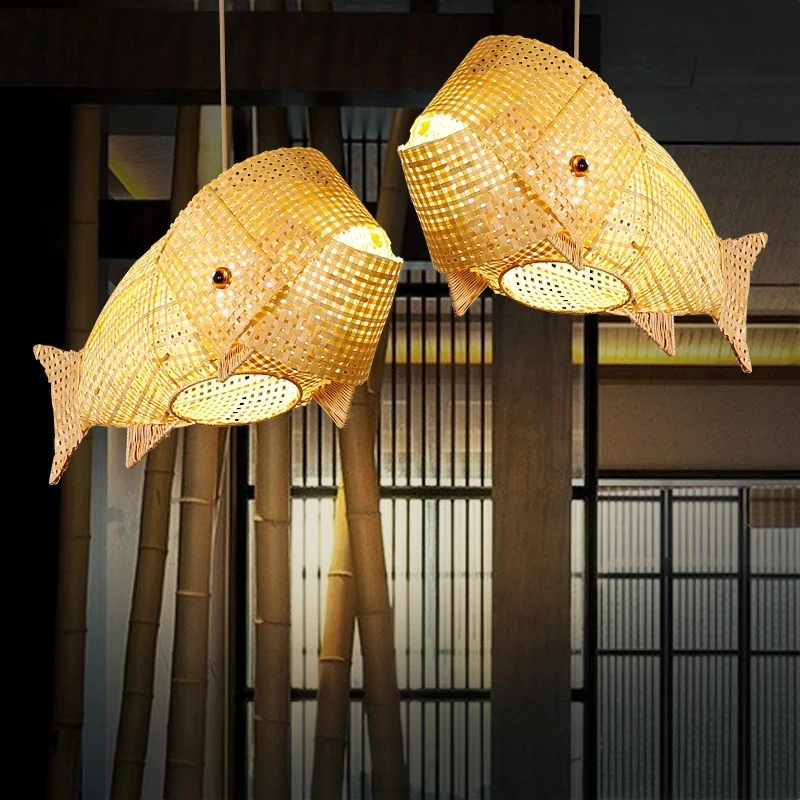 Imagem -03 - Modern Bamboo Fish Lamp Bamboo Shed Castiçal de Madeira Lustre para Foyer Jardim Restaurante e Sala de Estar