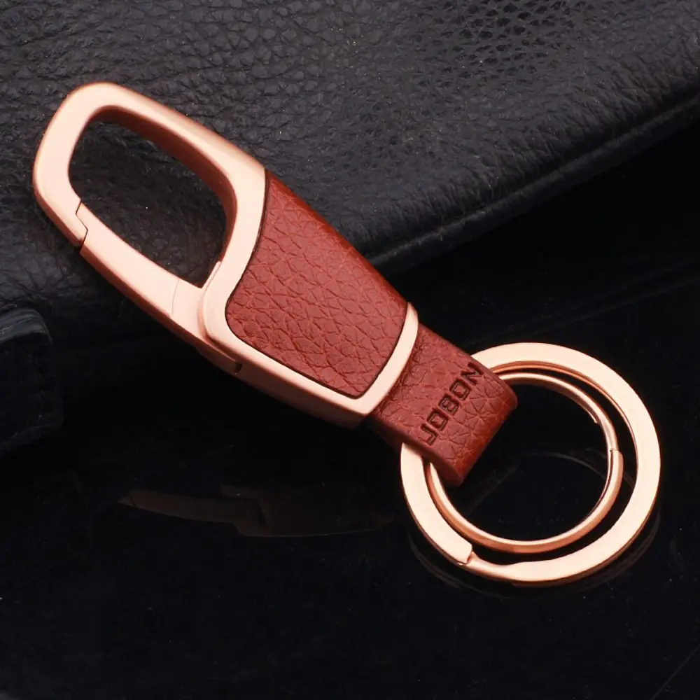 Metal Double Ring Car Key Chain Leather Simple Key Holder Rings Buckle Luxury One Click Open Waist Hanging Keychain for Men