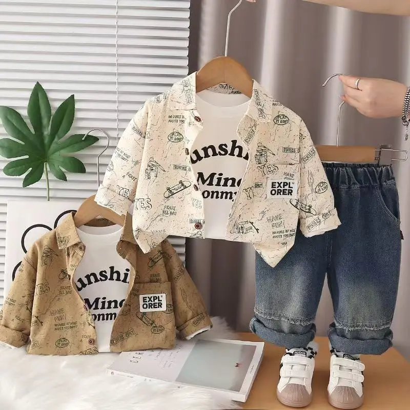 

Children's Autumn Long Sleeve Set 2025 New Fashionable Baby Spring And Autumn Handsome Shirt Boys' Children's Three Piece Set