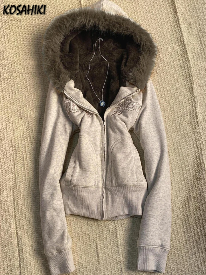 Y2k Aesthetic Vintage Fur Patchwork Hoodies Autumn Grunge Letter