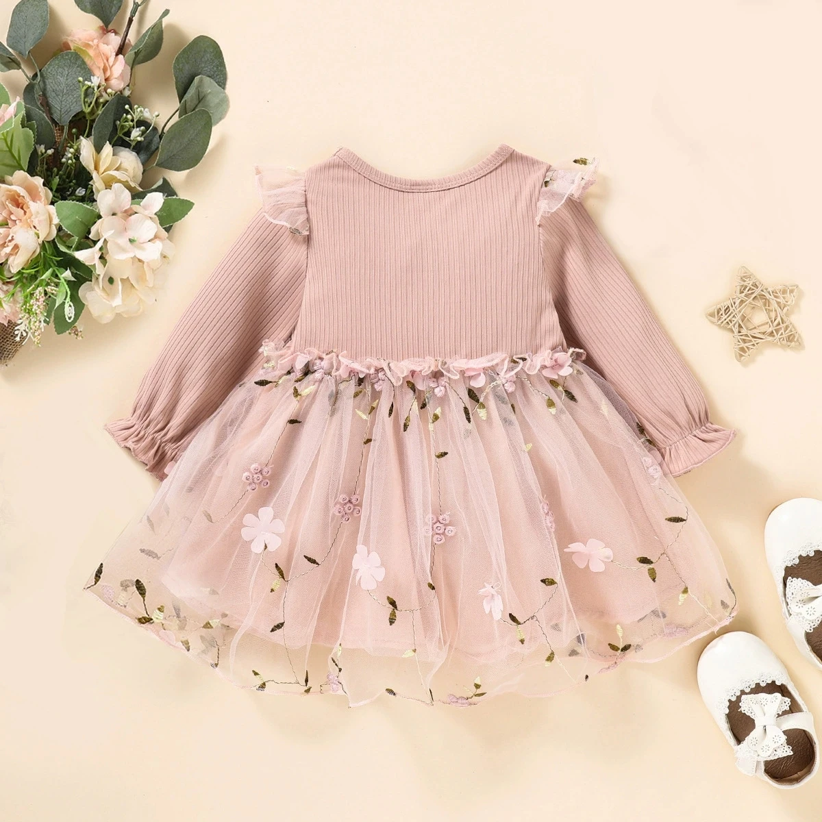 Spring Autumn Baby Girl Pink Dress Bow Flower Embroidered Long Sleeved Gauze Princess Dress Elegant Girl Wedding Party Dress