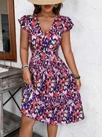 Vestido con estampado floral para mujer, cuello en V, mangas cortas con volantes, cintura elástica, ideal para vacaciones de verano, salidas en la playa, estilos bohemios