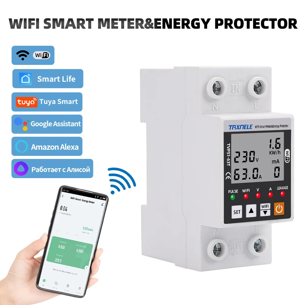 63A Tuya WiFi Smart Earth Leakage Over Under Voltage Protector Relay Device Switch Breaker Smart Life Energy Power kWh Meter