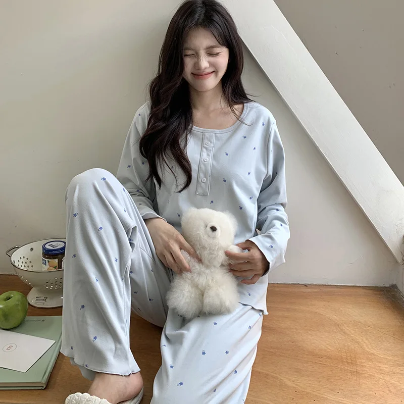 

Women Pajamas Spring Autumn New Button Homewear Women Solid Colour Loose Long Sleeved 2 Pieces Set Casual Sleepwear Lounge Wear
