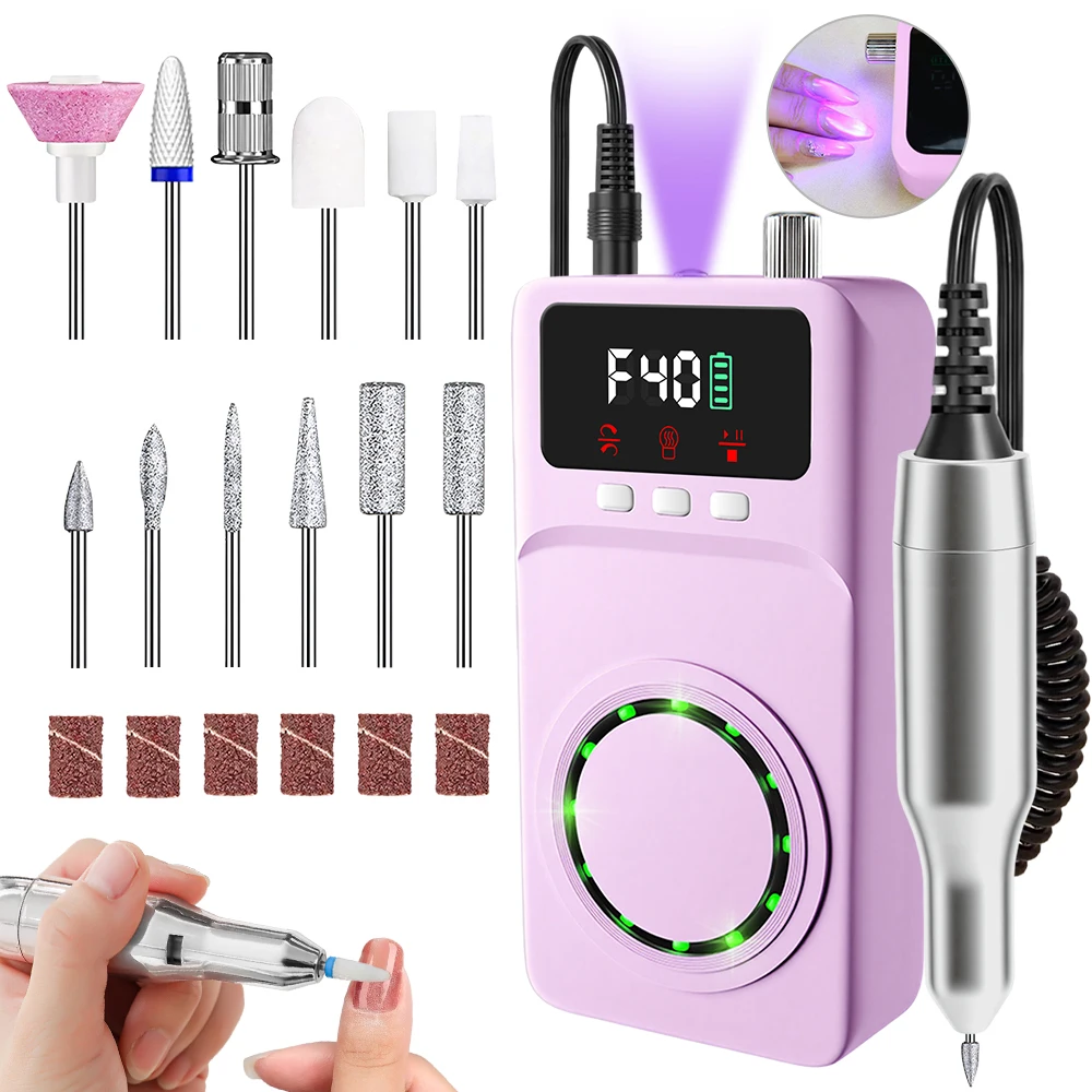 Kit de taladro de uñas eléctrico profesional con lámpara UV para uñas y pantalla LED, kit de lima de uñas recargable para pulido de uñas de gel acrílico