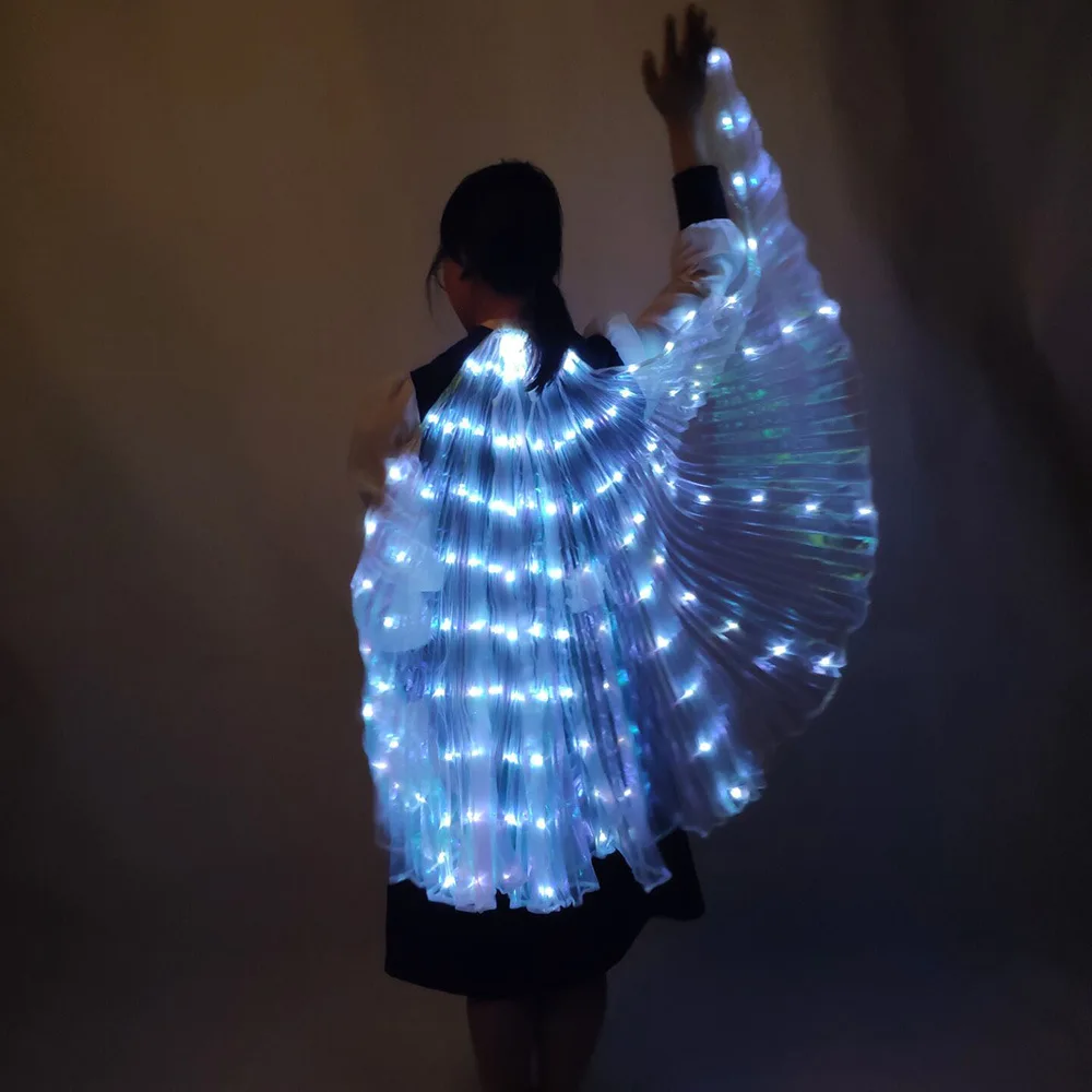 Capa luminosa de led, pano transparente branco, gancho à mão, fluorescente, adereços de dança do ventre, realizando asas de led para adultos