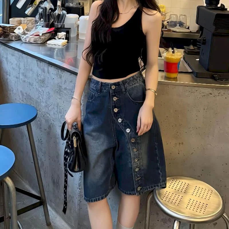Denim Wide Leg Pants Loose 2026 Summer Sale Five-point Pants Button Design American Style Jeans Vintage Women Baggy Y2k Clothes