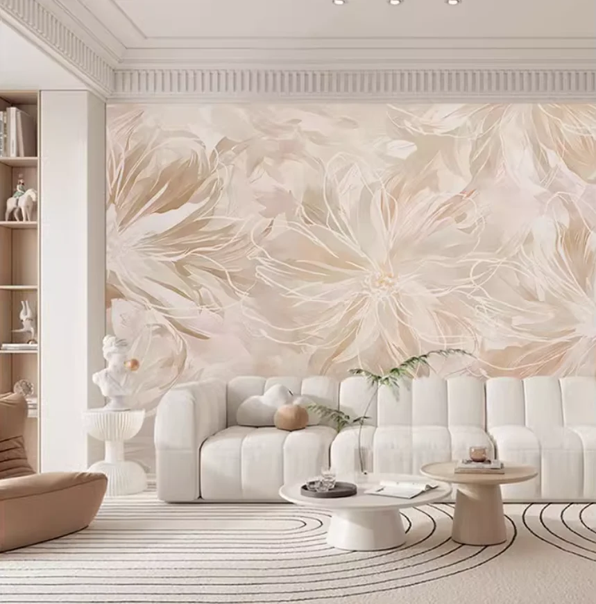 Customized Cream Style Abstract Art Feather Flower Pattern Wallpaper TV Background Wall Decoration Bedroom European Wall mural